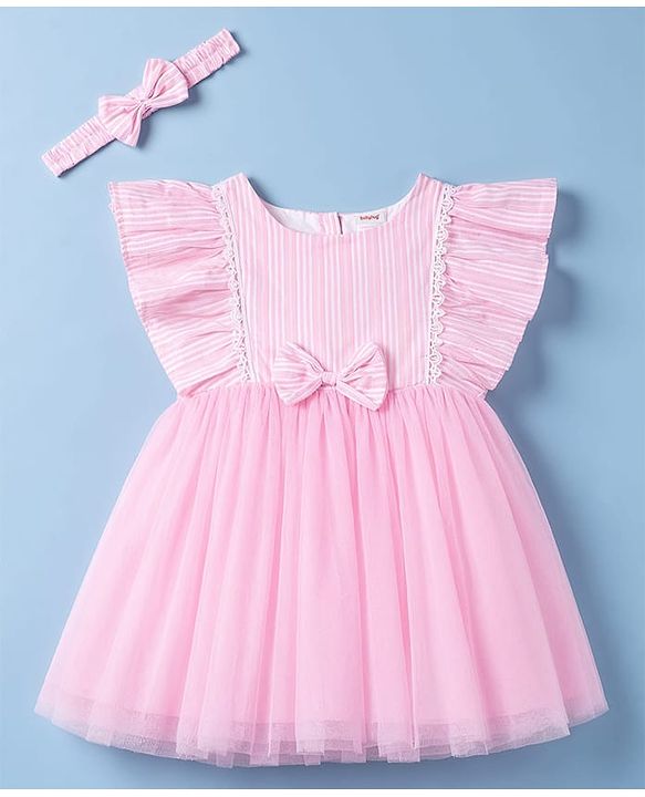 Babyhug Woven Half Frill Sleeves Striped Frock With Bow Applique & Lace Detailing & Headband - Pink