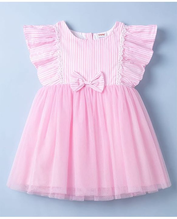 Babyhug Woven Half Frill Sleeves Striped Frock With Bow Applique & Lace Detailing & Headband - Pink