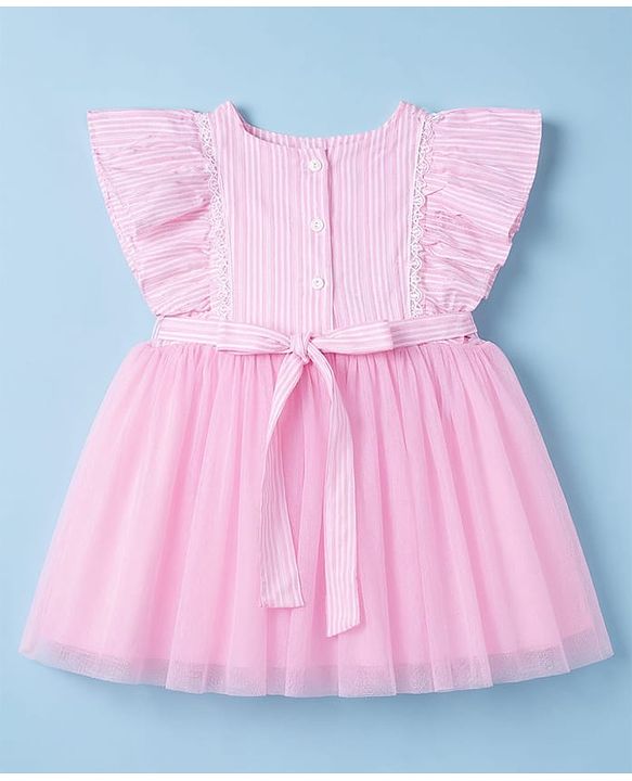 Babyhug Woven Half Frill Sleeves Striped Frock With Bow Applique & Lace Detailing & Headband - Pink