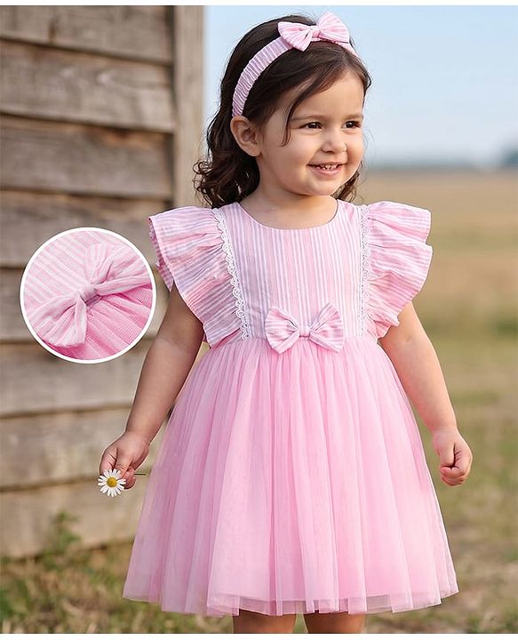 Babyhug Woven Half Frill Sleeves Striped Frock With Bow Applique & Lace Detailing & Headband - Pink