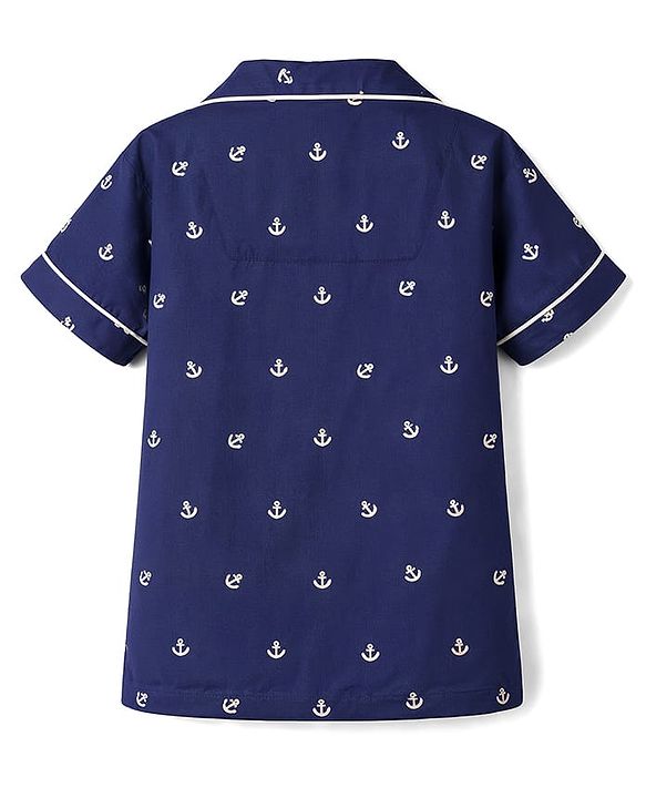 Babyhug Cotton Knit Half Sleeves Shirt & Shorts Co-ord Night Suit with Anchor Print - Navy Blue