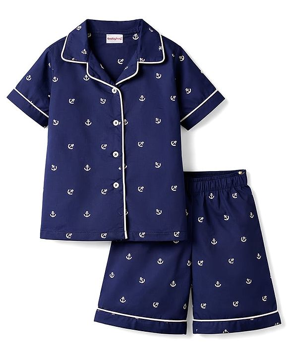 Babyhug Cotton Knit Half Sleeves Shirt & Shorts Co-ord Night Suit with Anchor Print - Navy Blue
