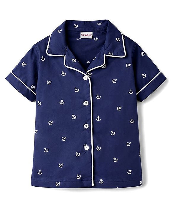 Babyhug Cotton Knit Half Sleeves Shirt & Shorts Co-ord Night Suit with Anchor Print - Navy Blue