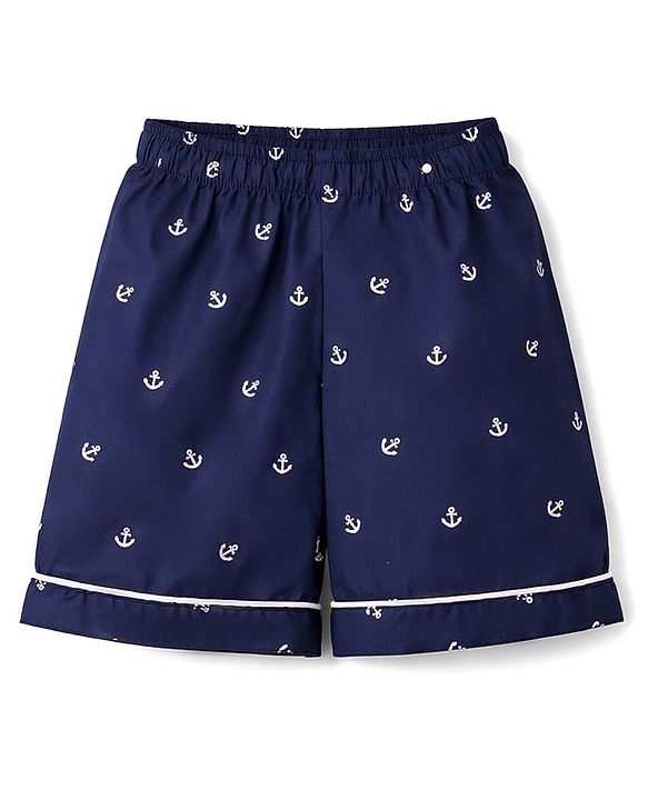 Babyhug Cotton Knit Half Sleeves Shirt & Shorts Co-ord Night Suit with Anchor Print - Navy Blue