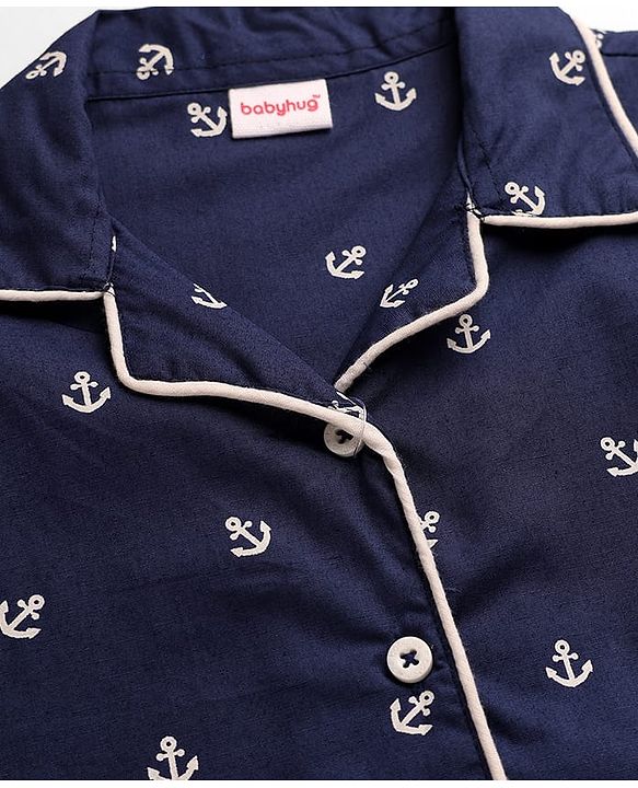 Babyhug Cotton Knit Half Sleeves Shirt & Shorts Co-ord Night Suit with Anchor Print - Navy Blue