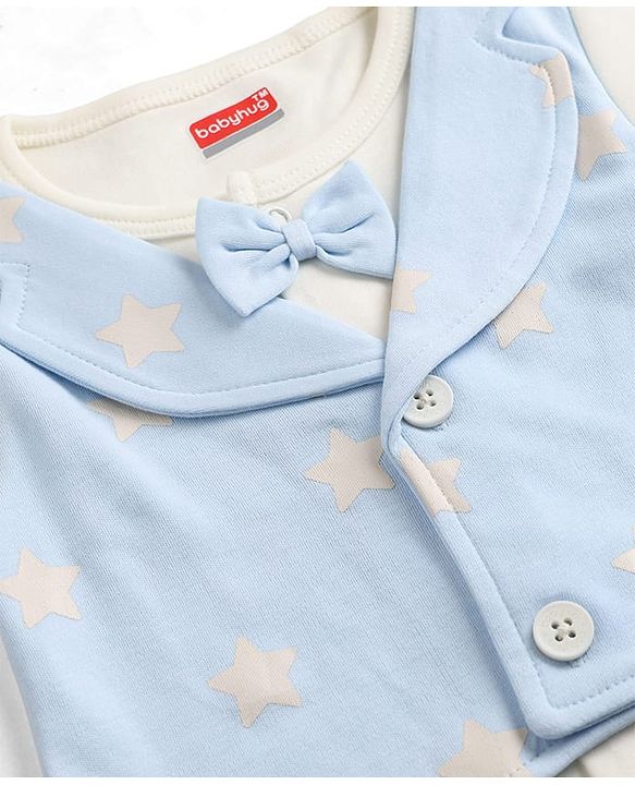 Babyhug 100% Cotton Knit Full Sleeves Star Printed Party Romper With Attached Wasit - White & Light Blue