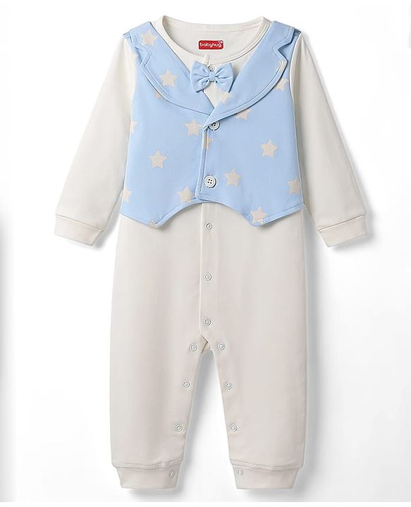 Babyhug 100% Cotton Knit Full Sleeves Star Printed Party Romper With Attached Wasit - White & Light Blue