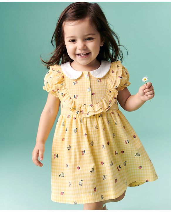 Babyhug Cotton Mixes Woven Frock with Half Sleeves and Floral Print - Yellow
