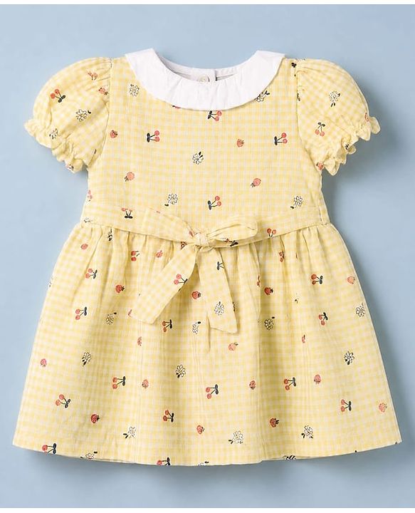 Babyhug Cotton Mixes Woven Frock with Half Sleeves and Floral Print - Yellow