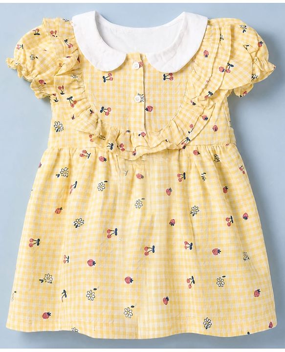 Babyhug Cotton Mixes Woven Frock with Half Sleeves and Floral Print - Yellow
