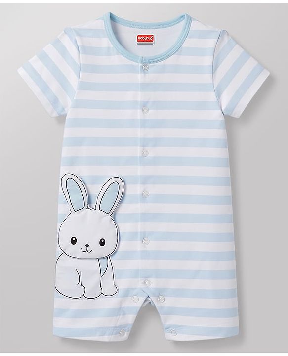 Babyhug 100% Cotton Interlock Knit Half Sleeves Striped Romper With Bunny Detailing & Cap - Light Blue