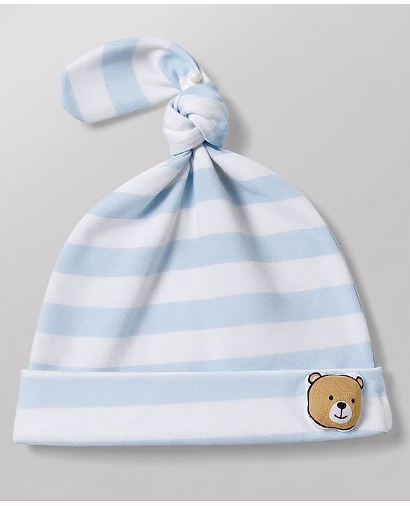 Babyhug 100% Cotton Interlock Knit Half Sleeves Striped Romper With Bunny Detailing & Cap - Light Blue