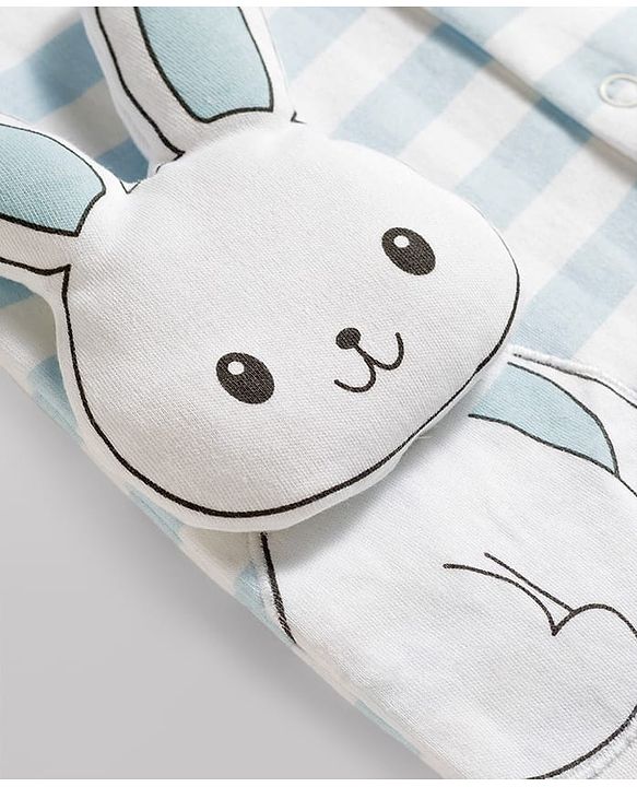 Babyhug 100% Cotton Interlock Knit Half Sleeves Striped Romper With Bunny Detailing & Cap - Light Blue