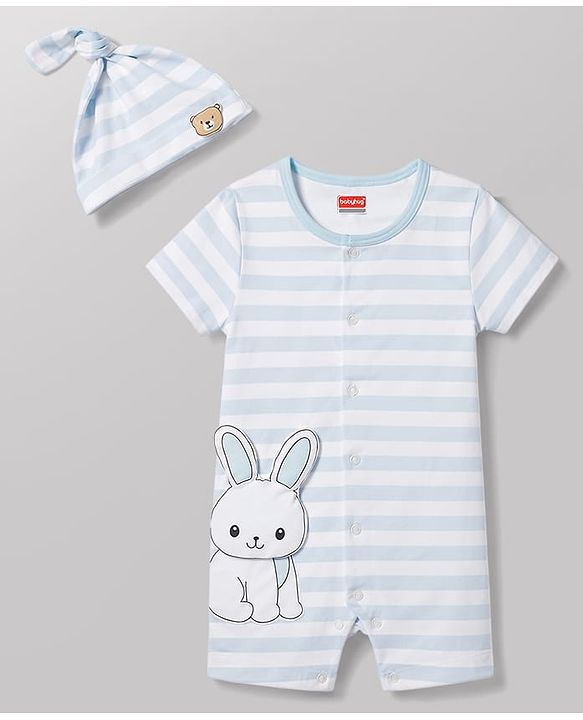 Babyhug 100% Cotton Interlock Knit Half Sleeves Striped Romper With Bunny Detailing & Cap - Light Blue