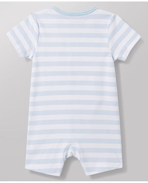 Babyhug 100% Cotton Interlock Knit Half Sleeves Striped Romper With Bunny Detailing & Cap - Light Blue