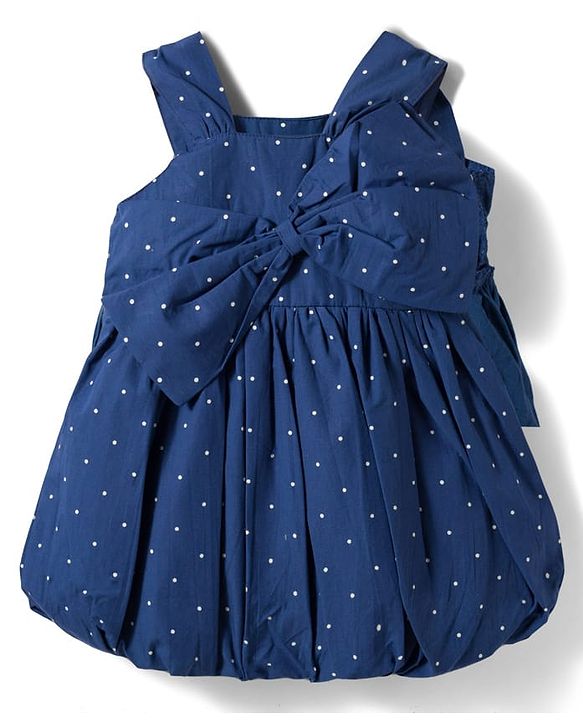 Babyhug Cotton Woven Sleeveless Polka Dots Printed Frock With Bow Applique - Navy Blue