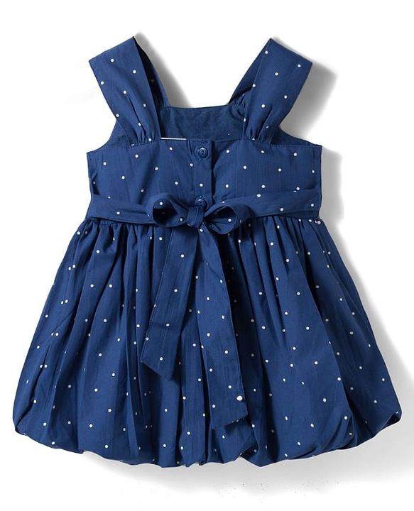 Babyhug Cotton Woven Sleeveless Polka Dots Printed Frock With Bow Applique - Navy Blue