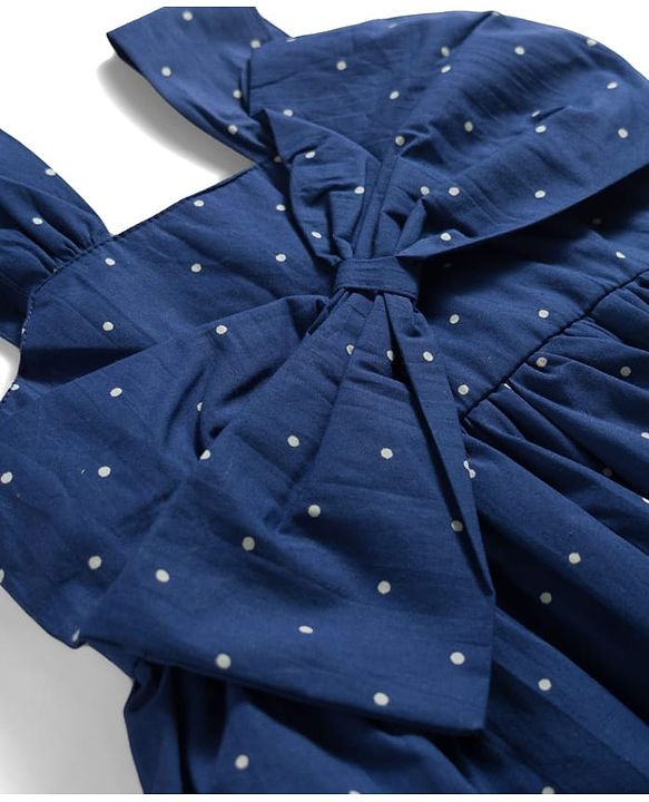 Babyhug Cotton Woven Sleeveless Polka Dots Printed Frock With Bow Applique - Navy Blue