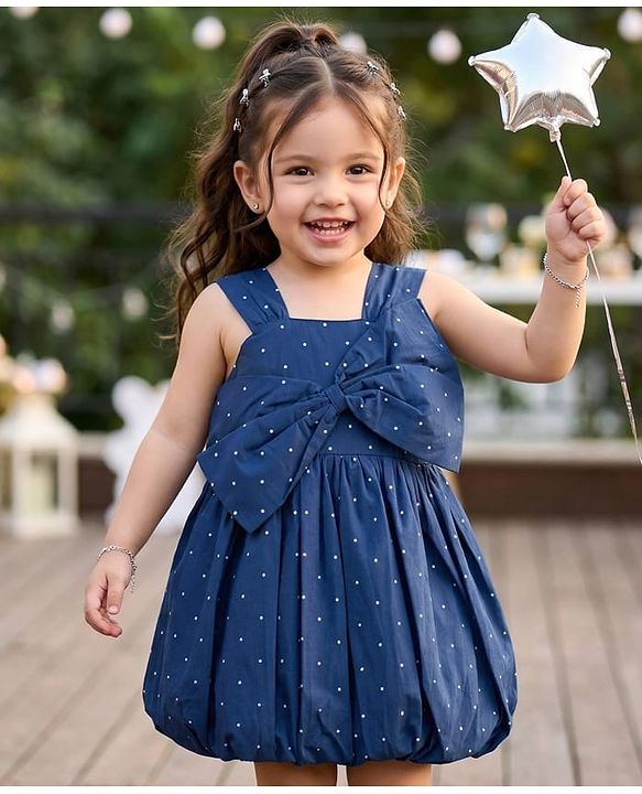 Babyhug Cotton Woven Sleeveless Polka Dots Printed Frock With Bow Applique - Navy Blue