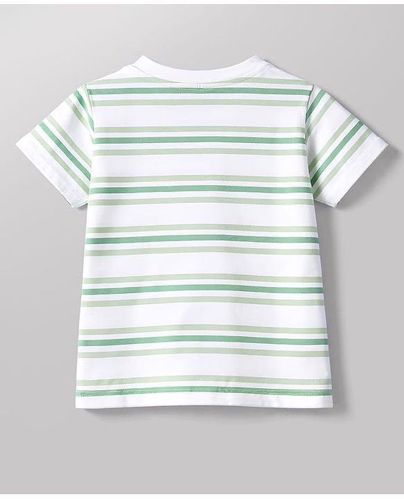 Babyhug Cotton Knit Half Sleeves Striped T-Shirt with Dino Patch - Multicolor