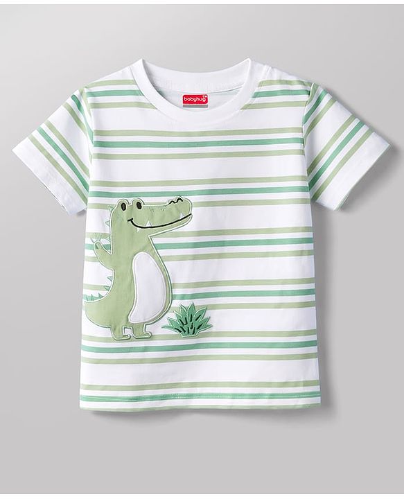 Babyhug Cotton Knit Half Sleeves Striped T-Shirt with Dino Patch - Multicolor