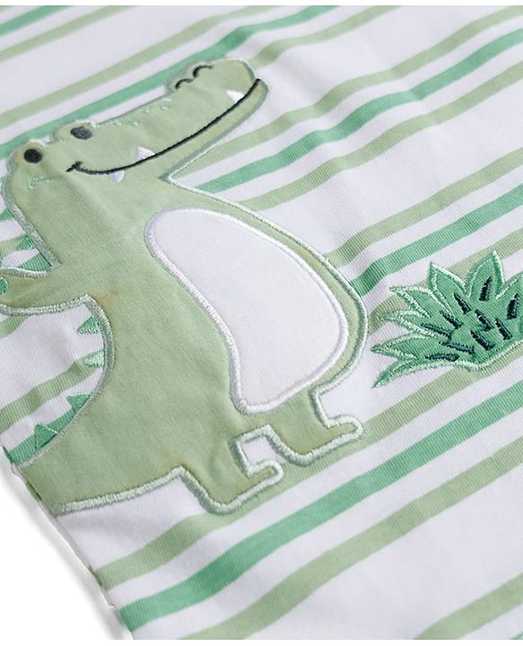 Babyhug Cotton Knit Half Sleeves Striped T-Shirt with Dino Patch - Multicolor