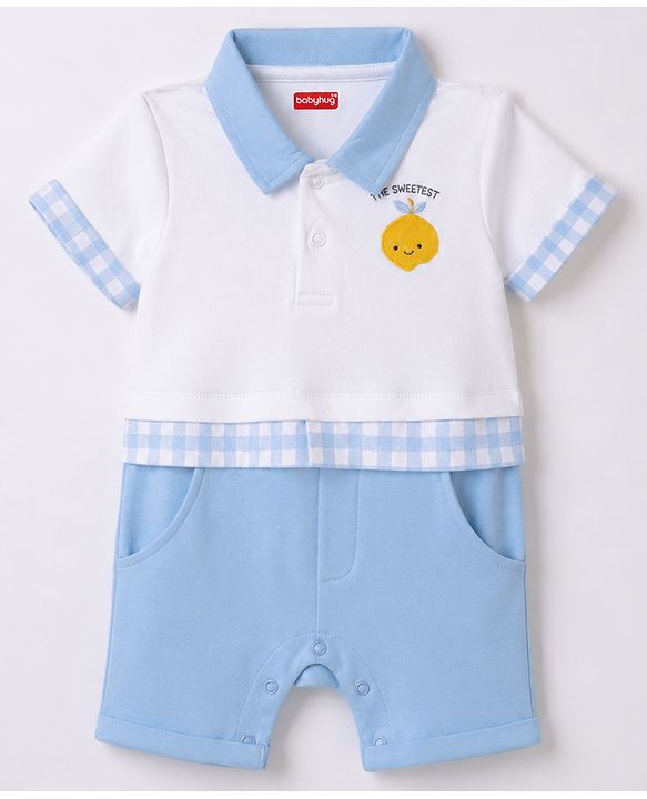 Babyhug 100% Cotton Knit Half Sleeves Tropical Theme Embroidered & Checked Romper - Light Blue