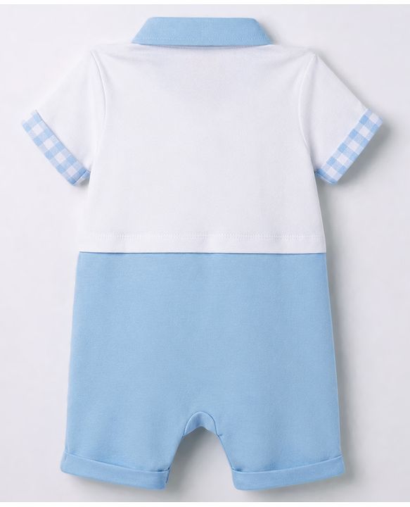 Babyhug 100% Cotton Knit Half Sleeves Tropical Theme Embroidered & Checked Romper - Light Blue