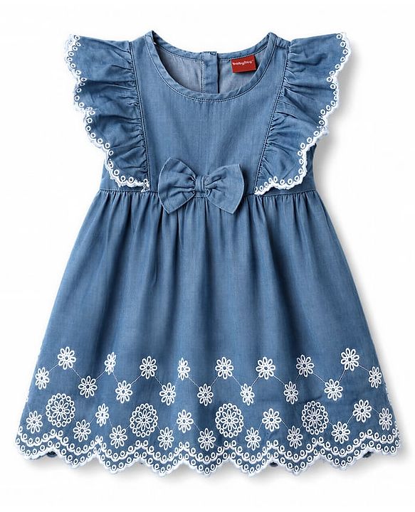 Babyhug Denim Woven Sleeveless Flared One Piece Frock With Floral Embroidery & Bow Applique - Blue