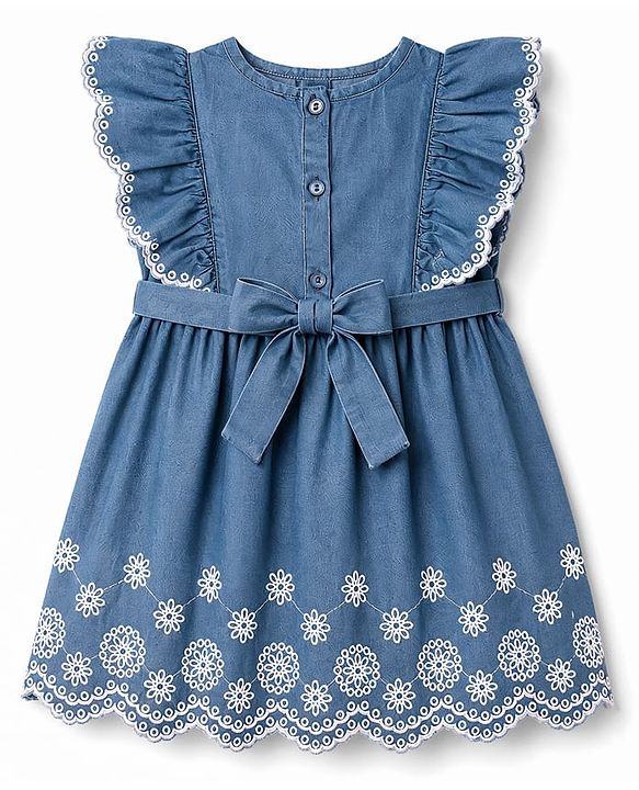 Babyhug Denim Woven Sleeveless Flared One Piece Frock With Floral Embroidery & Bow Applique - Blue