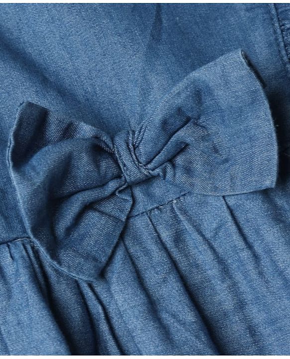 Babyhug Denim Woven Sleeveless Flared One Piece Frock With Floral Embroidery & Bow Applique - Blue