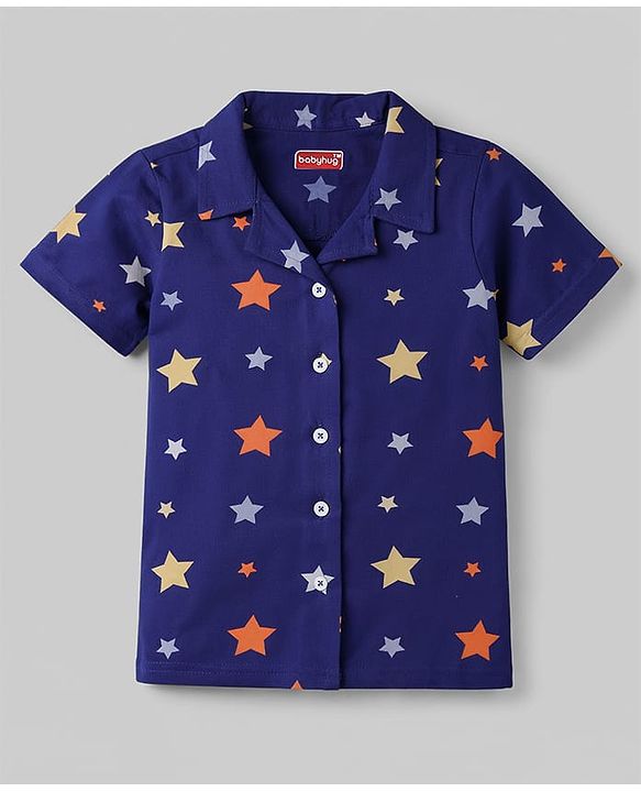 Babyhug Cotton Knit Half Sleeves Shirt & Shorts Co-ord Night Suit with Star Print - Navy Blue