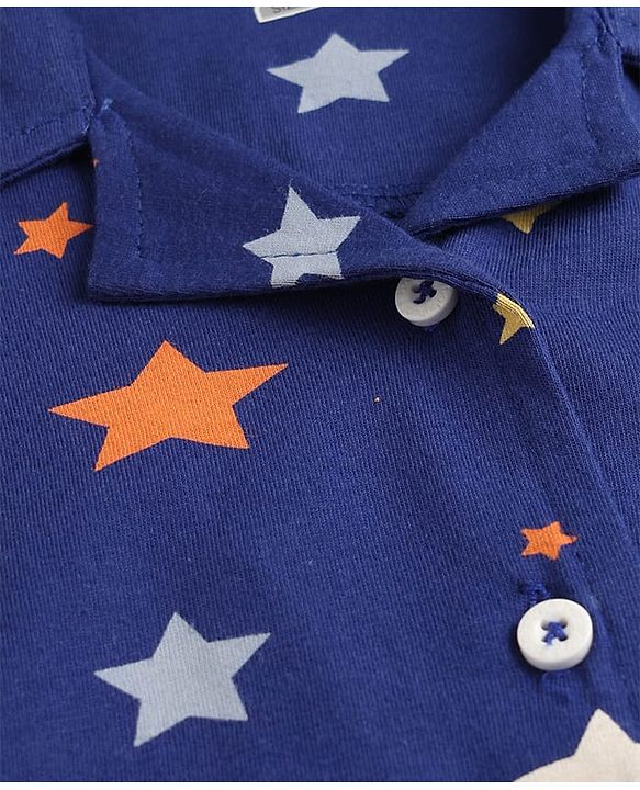 Babyhug Cotton Knit Half Sleeves Shirt & Shorts Co-ord Night Suit with Star Print - Navy Blue