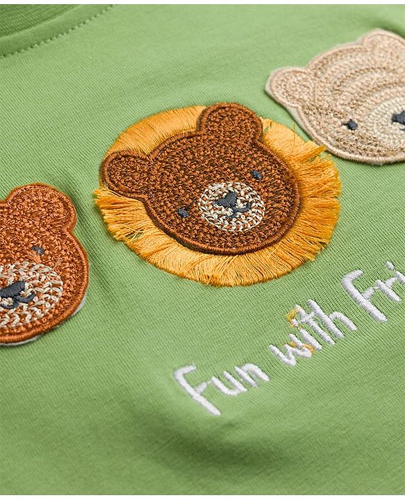 Babyhug Cotton Knit Half Sleeves T-Shirt with Teddy Patch - Multicolor