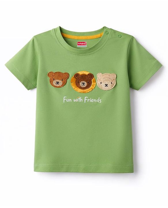 Babyhug Cotton Knit Half Sleeves T-Shirt with Teddy Patch - Multicolor