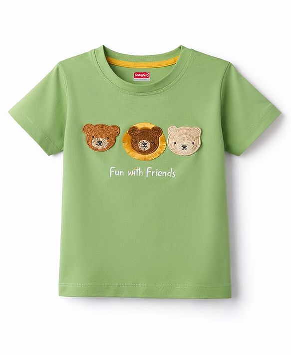 Babyhug Cotton Knit Half Sleeves T-Shirt with Teddy Patch - Multicolor
