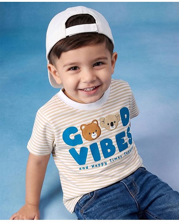 Babyhug Cotton Knit Half Sleeves Striped T-Shirt with Animal Patch - Multicolor