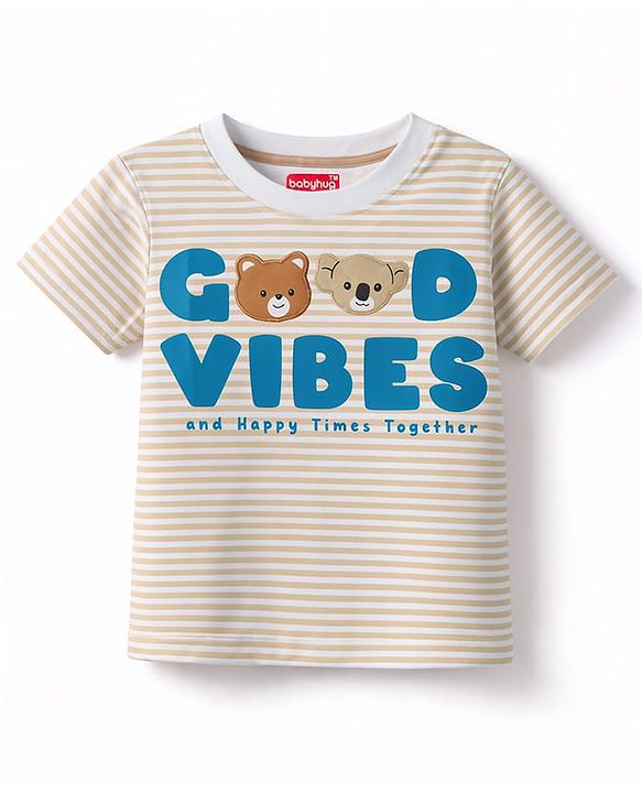 Babyhug Cotton Knit Half Sleeves Striped T-Shirt with Animal Patch - Multicolor