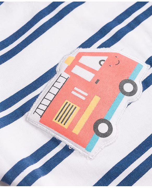 Babyhug 100% Cotton Knit T-Shirt Half Sleeves Striped with Car Applique Detailing Navy Color 6-9 Months