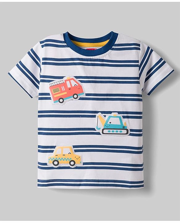 Babyhug 100% Cotton Knit T-Shirt Half Sleeves Striped with Car Applique Detailing Navy Color 6-9 Months
