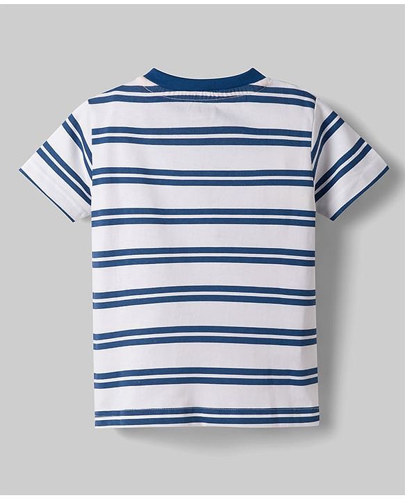 Babyhug 100% Cotton Knit T-Shirt Half Sleeves Striped with Car Applique Detailing Navy Color 6-9 Months