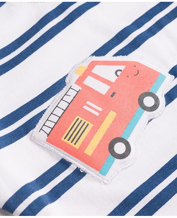 Babyhug 100% Cotton Knit T-Shirt Half Sleeves Striped with Car Applique Detailing Navy Color 6-9 Months