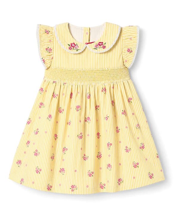 Babyhug See-Sucker Woven One Piece Dress with Sleeveless and Floral Embroidery - Yellow