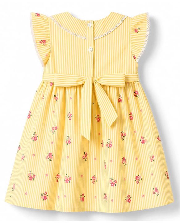 Babyhug See-Sucker Woven One Piece Dress with Sleeveless and Floral Embroidery - Yellow
