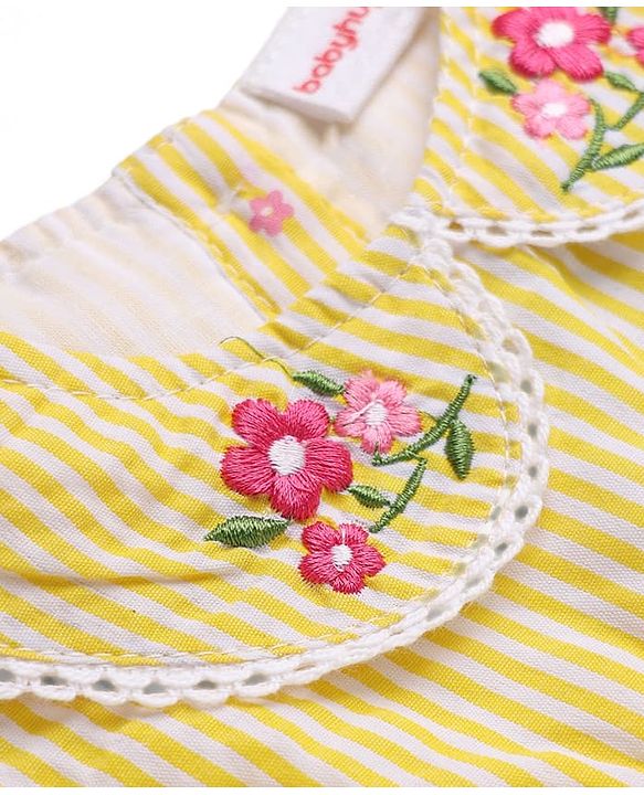 Babyhug See-Sucker Woven One Piece Dress with Sleeveless and Floral Embroidery - Yellow