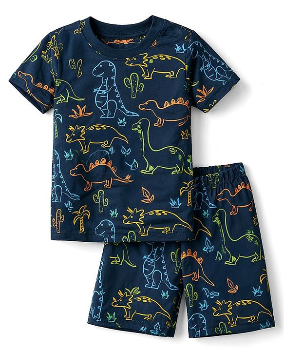 Babyhug 100% Cotton Knit Half Sleeves T-Shirt & Shorts Co-ord Night Suit with Dino Print - Navy Blue