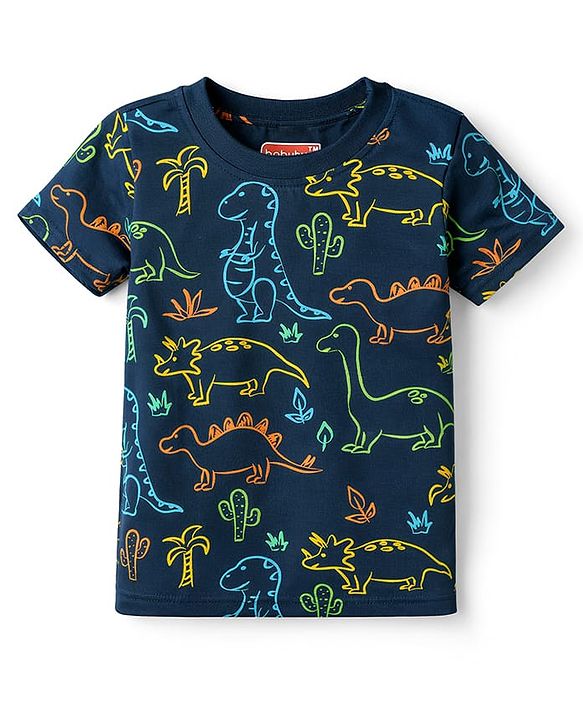 Babyhug 100% Cotton Knit Half Sleeves T-Shirt & Shorts Co-ord Night Suit with Dino Print - Navy Blue