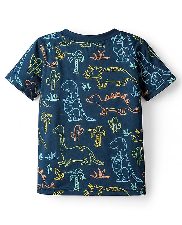 Babyhug 100% Cotton Knit Half Sleeves T-Shirt & Shorts Co-ord Night Suit with Dino Print - Navy Blue