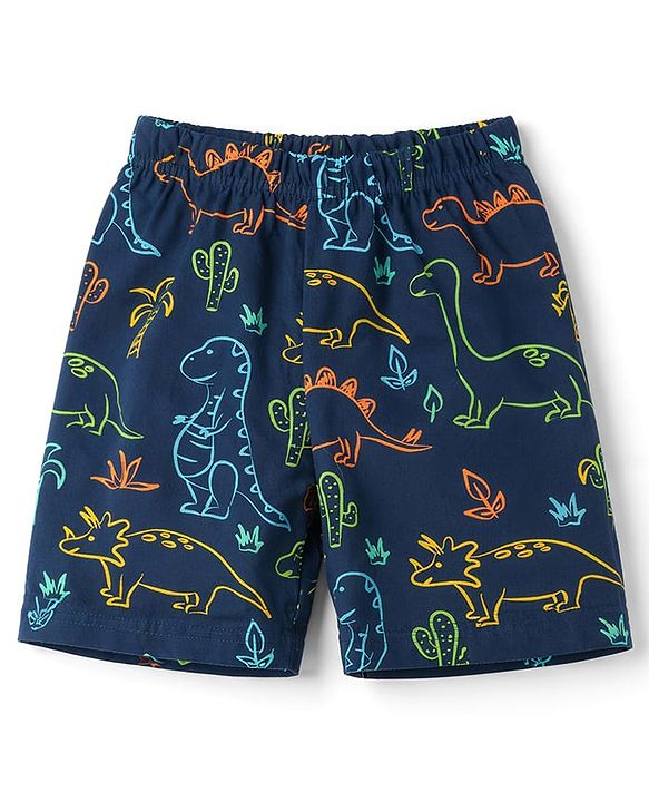 Babyhug 100% Cotton Knit Half Sleeves T-Shirt & Shorts Co-ord Night Suit with Dino Print - Navy Blue