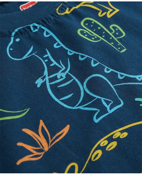 Babyhug 100% Cotton Knit Half Sleeves T-Shirt & Shorts Co-ord Night Suit with Dino Print - Navy Blue